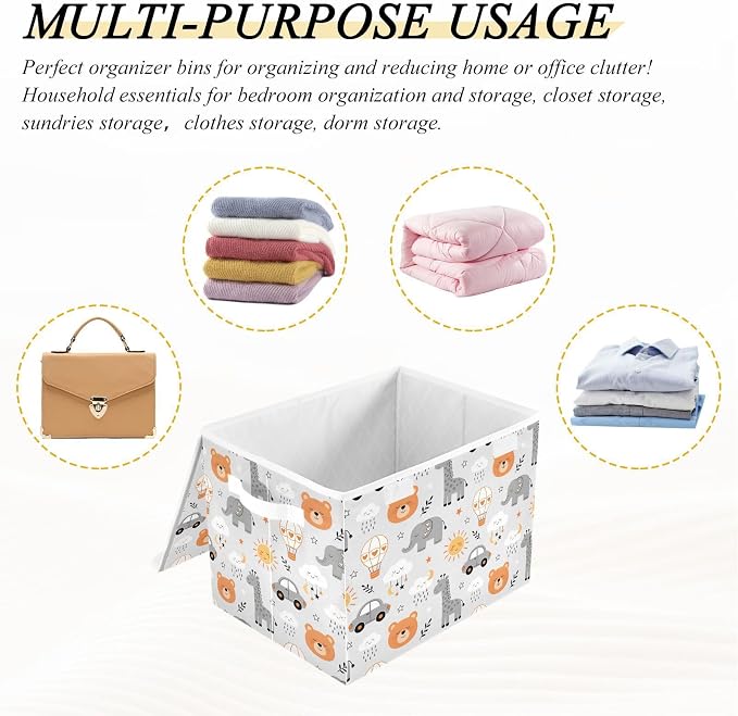 Storage Bins with Lid Giraffe Bear Foldable Storage Boxes 40L Baskets | Decorative Storage Boxes, 300D Oxford Cloth, Hollow Board Frame, Flip Top Velcro Lid, 16.5x12.6x11.8 inch, Collapsible Design