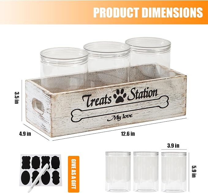Dog Food Storage Container Pet Treat Organizers with 3 Jars Dog Stuff Dog Treat Container for Countertop Farmhouse Decor Gift for Pet Dog Cookie Cat Treat Jar