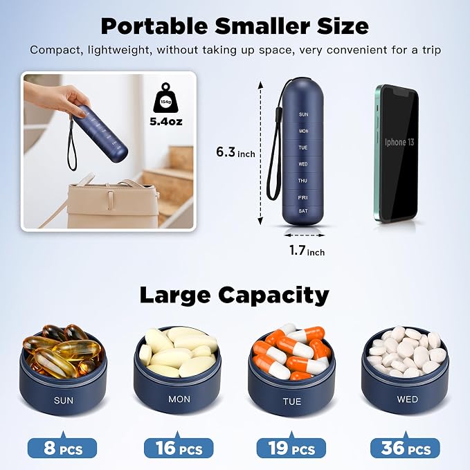 [2 Pack] Zannaki Metal Travel Pill Organizer, Portable Waterproof Weekly Pill Box, Large Aluminum Alloy Pill Case Container, BPA Free 7 Day Daily Medicine Organizer Holder for Vitamin, Supplement