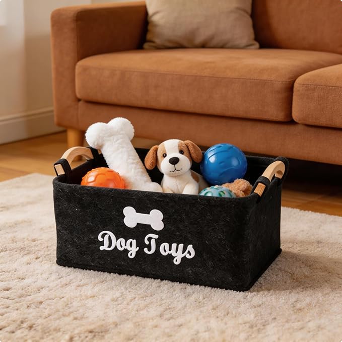 Collapsible Fabric Dog Toy Box, Pet Toy Basket with Wooden Handle, Grey Pet Supplies Storage Bin for Toys, Leashes, Blankets, 15" x 10" x 7''