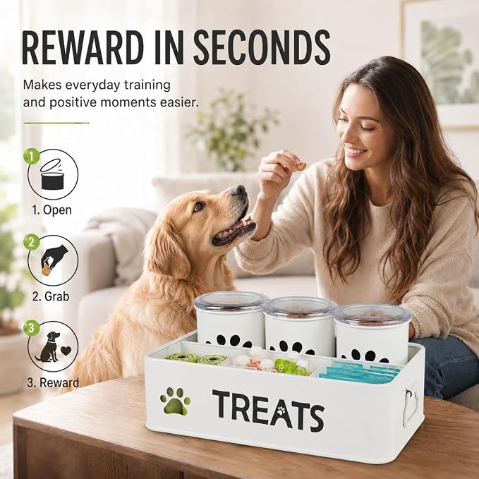 Dog Treat Organizer, 3 Pack 28 Oz Metal Dog Treat Containers with Airtight Lids, Dog Treat Jars and Canister Set for Countertop, Pet Food Treats Station for Dog Cat Biscuits, Kibble(White)