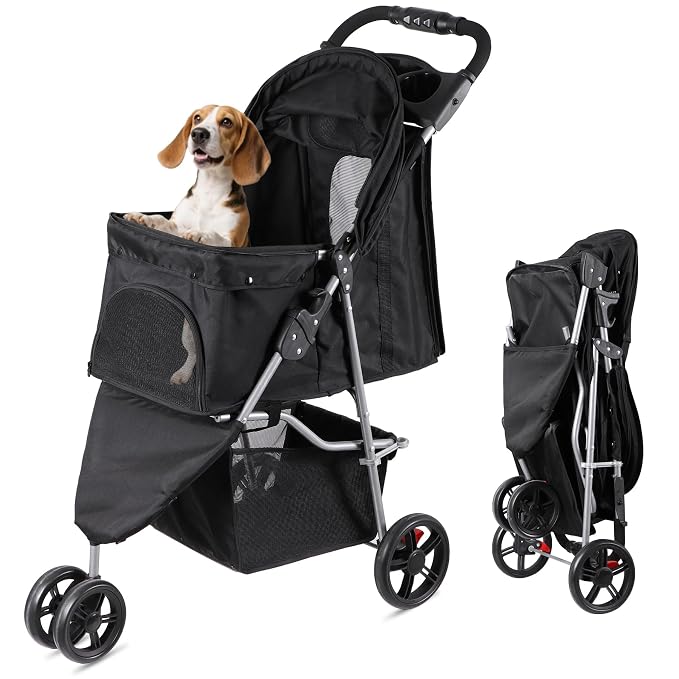 LEMY 3 Wheels Pet Dog Cat Stroller for Small Medium Dogs Cats,Black Foldable Jogger Travel Puppy with Detachable Carrier