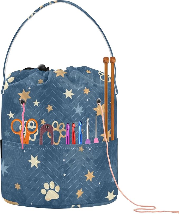 Fustylead Beautiful Shooting Stars and Paw Prints Yarn Knitting Crochet Drawstring Bag with Customized Front Compartment, Portable Large Storage Basket for Crocheting Project, Kit, Yarn Ball, Needles