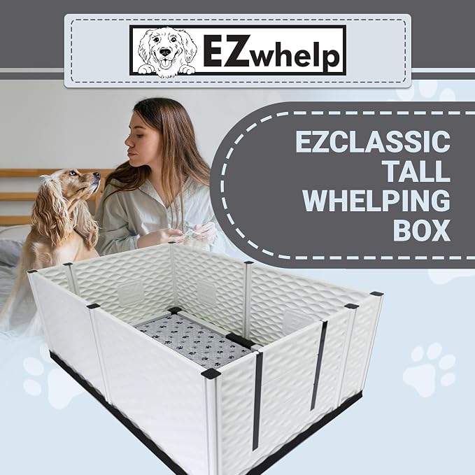 EZclassic Dog Whelping Box - Washable Pee Pad, Extra-Large 48x76x28 | Tall 48x76x28 breeder whelping box with high walls, durable customizable panels, quick setup, and easy cleaning