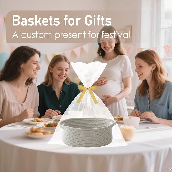 JMvicyroam Small Woven Basket, Empty Gift Basket, Grey/1 Pack | Small Gift Basket, Cotton Rope, 12 x 8 x 36 in, Handles, Includes Ribbon and Bag, Birthday Gift Basket