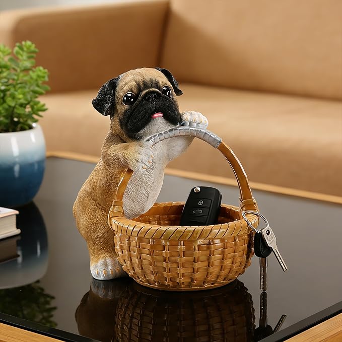 Cute Pug Candy Bowl, Resin Dog Figurine Key Bowl for Entryway Table, Desktop Storage Basket Organizer for Desk, Unique Pug Lover Gift