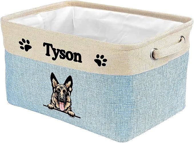 Custom Fabric Dog Toy Storage Basket with Cute Dog German Shepherd Collapsible Sturdy Fabric Pet Toys Storage Bin Cube with Handles for Organizing, Blue amd White