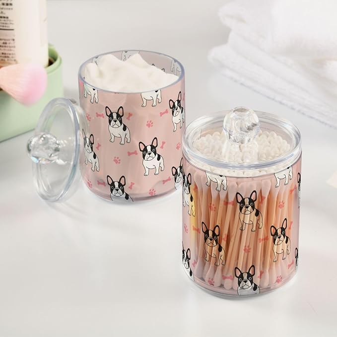 DOMIKING 2 Pack Plastic Cotton Swab Ball Pad Holder Dog Pink Pets Print Jars Bathroom Storage Organizer Bathroom Jars with Lid for Cotton Rounds Floss Picks Hair Accessories