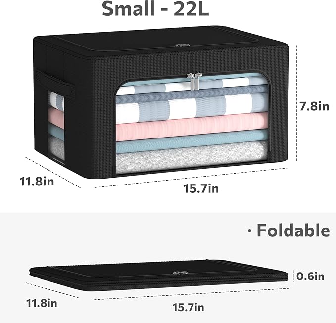CYhom 3Pack Foldable Storage Bins - Frame Storage Box Linen Fabric Stackable Clothes Container Organizer with Clear Window & Carry Handles Large Capacity (Small-22L, Black)