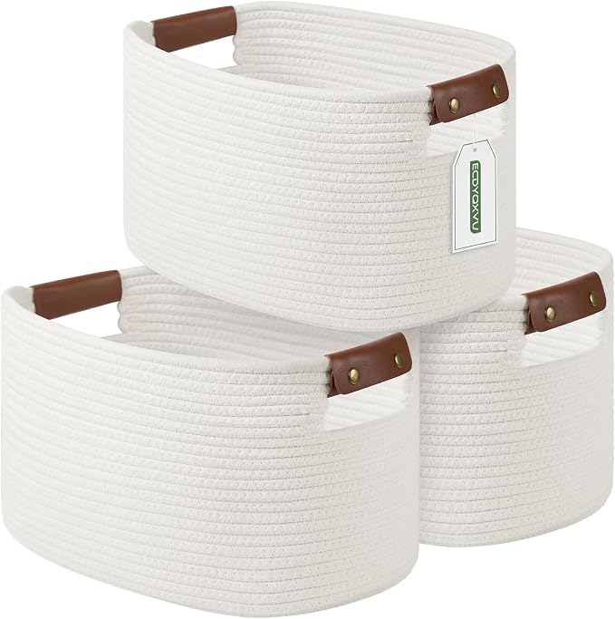 ECDYQXVU 15x10x9 Woven Cotton Rope Storage Basket, Leather Handles 3 Pack | Foldable Design, Sturdy PU Handles, Easy to Clean Organizer for Living Room, Closet, Shelves, Bedroom, Laundry, Clothes