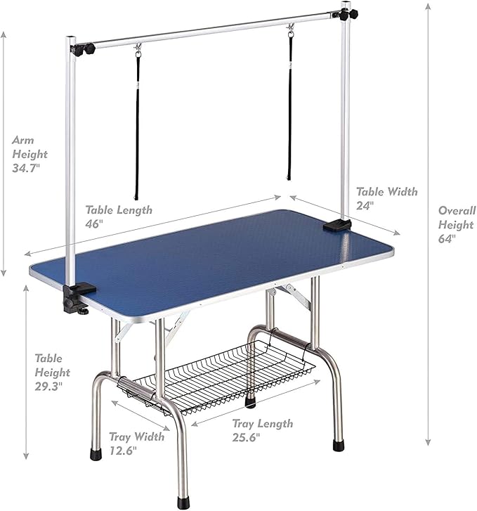 46" Pet Dog Grooming Table, Foldable Stainless Steel Frame Pet Drying Grooming Table Up to 330lbs, Professional Bathing Desk for Dogs at Home with Adjustable Overhead Arms, Noose, Mesh Tray, Blue
