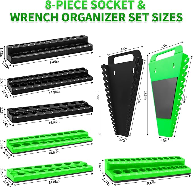 8 Piece Magnetic Socket Organizer Set, 1/4", 3/8", 1/2" Drive Metric and SAE Socket Holder Trays, Socket Organizer for Tool Box Drawer, Garage, Workbench and Mechanic Cart, Black and Green