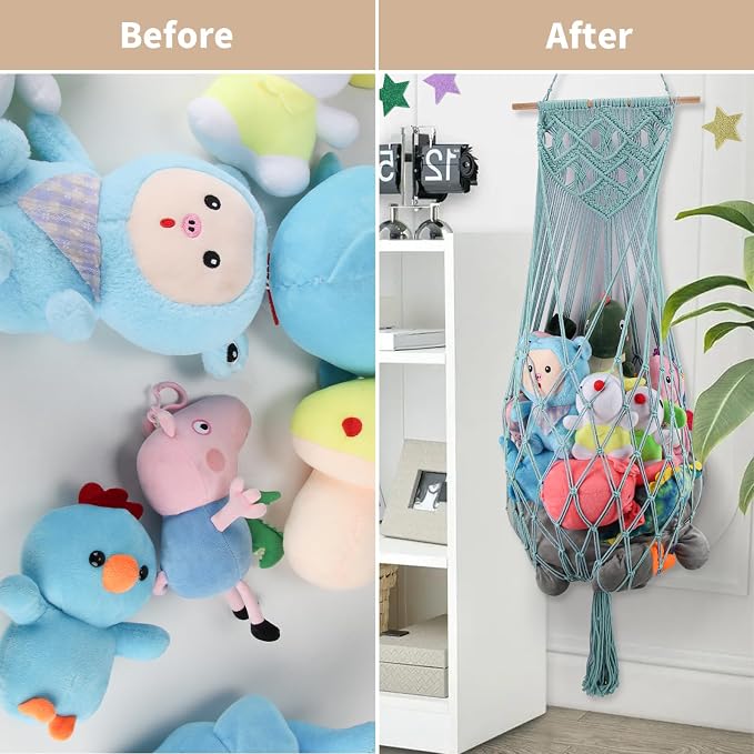 63 Inch Stuffed Animal Storage Hammock Corner, Stuffy Plushie Net,Turquoise | Wall Ceiling Over Door Hanging Hammock for Stuffed Animals,Boho Macrame Stuffy Storage Holder w/Star Light,Nursery Room Decor