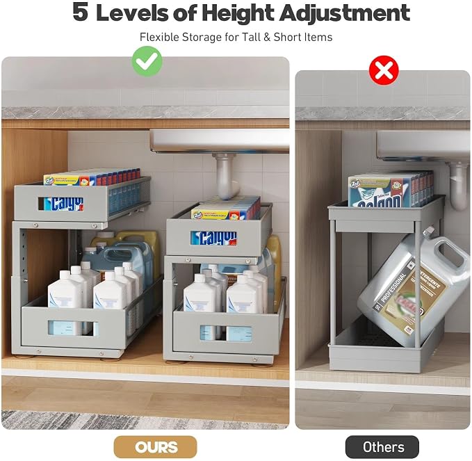 2 Packs 21IN Depth Under Sink Organizer, 2-Tier Pull Out Cabinet Organizer With Smooth Circular Rail, Large Capacity Metal Mesh Sliding Drawers For Bathroom& Kitchen Storage,Height Adjustable-Gun Gray