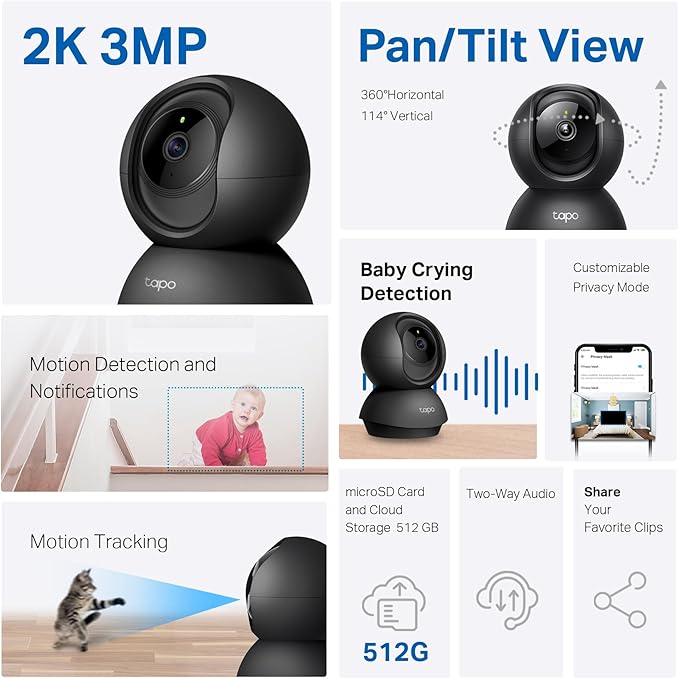 Tapo 2K Pan Tilt Security Camera for Baby Monitor, Dog Camera,C211(2-Pack) | Motion Detection, 2-Way Audio Siren, Night Vision, Cloud &SD Card Storage, Works with Alexa & Google Home, Black