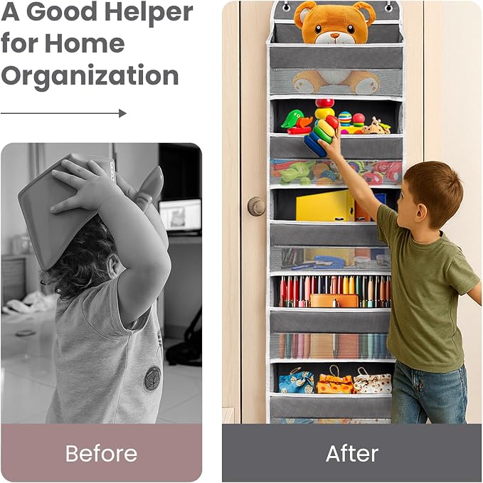Easy Assembly Over The Door Organizer, 5 Shelves& 8 Side Pockets, Heavy-Duty Reinforced Mesh Rack Holds 44lb, Hanging Behind Door Storage for Bathroom Pantry, Nursery, Closet, Shoes, Towels- Dark Grey