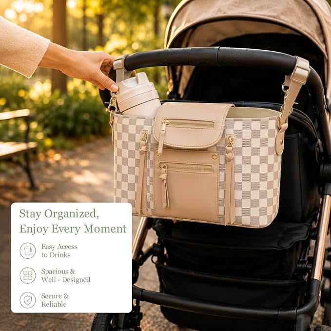 miss fong Checkered Stroller Caddy with Insulated Cup Holder Universal Stroller Organizer Bag Baby Storage Bag with Adjustable Strap, Fits for Baby Carriage like Uppababy, Baby Jogger, Umbrella