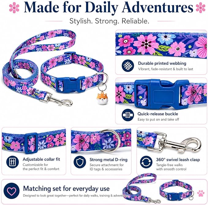 Floral Matching Dog Collar and Leash Set with AirTag Holder-Dark Flower/L | Anti-Lost,Adjustable Durable Pet Collar Leash Combo for Large Boy Girl Dogs,for Outdoor Walking Hiking Training Running