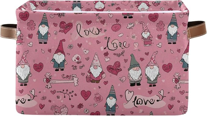 Happy Valentines Day Pink Storage Basket with Waterproof Liner and PU Handles Love Gnome Flowers Gift Storage Bins Boxes 14.2" Collapsible Decorative Organizer Baskets for Bedroom Closet Office 1 Pack