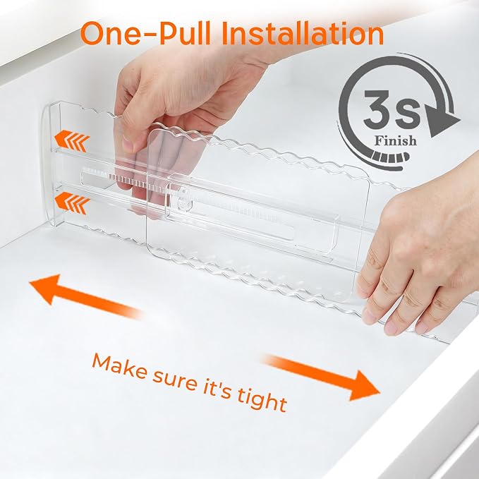 8 Pack 2.36" High Shallow Drawer Dividers, 12.5"-21.3" Expandable | Adjustable Kitchen Drawer Organizer, Clear Plastic Separator for Utensils, Flatware, Cutlery, Socks & Underwear Storage