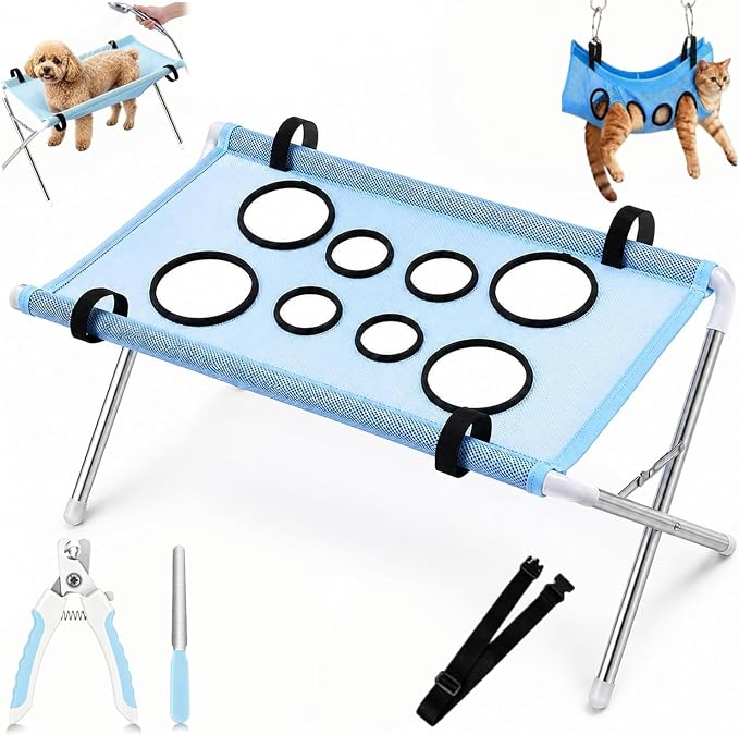2-in-1 Foldable Pet Grooming Bed for Cat Small Dog with Nail Clippers (Blue)
