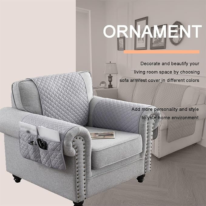 Water-Resistant Sofa Armrest and Headrest Covers with Side Pocket | Keep remotes close quilted polyester helps guard against wear, pet scratches, and kids' messes silicone backing adds grip
