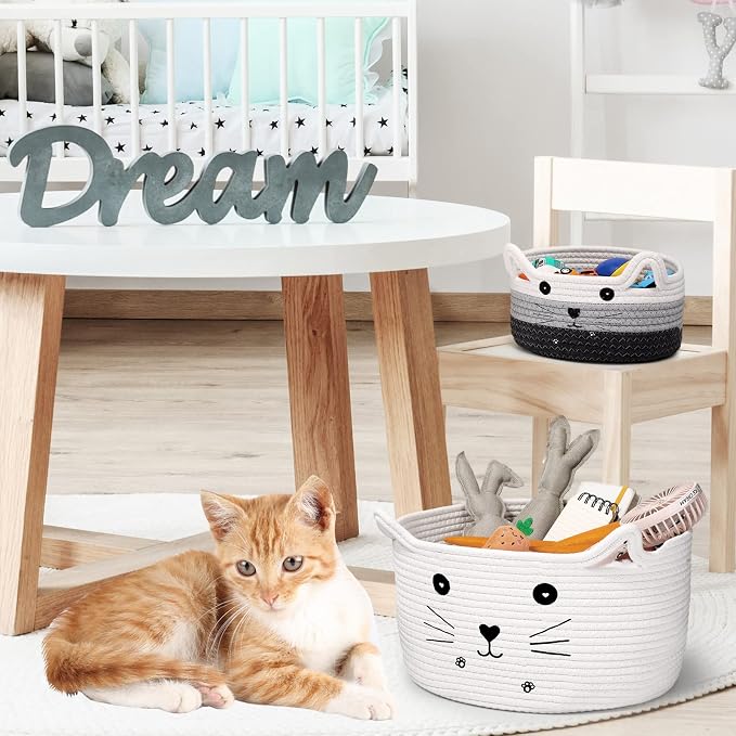 Zopeal Cat Storage Basket Woven Organizer with Ears Decorative Gift Cute Cotton Rope Pet Toy Basket for Gift Cat Dog Toy Bin Nursery Room(13.7 x 7.8 Inch,White)