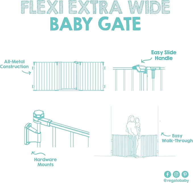 Regalo Safety 28"-76" Super Wide Configurable Baby Gate | Hardware Mounted, For Doorways & Open Spaces, For Babies, Toddlers & Pets, White, Tested & Trusted for 30 Years