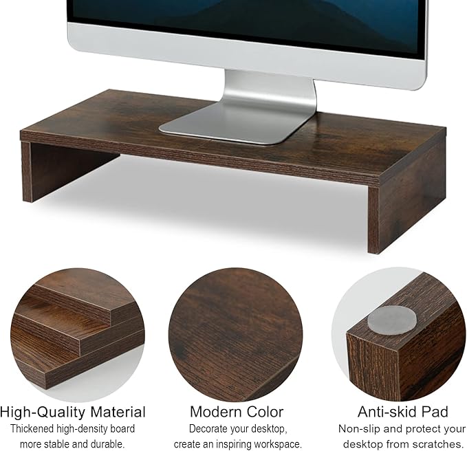 TEAMIX 20 inch Wood Monitor Stand Riser, Desktop Riser Shelf, Rustic Brown | Fits Laptop, Printer, TV, PC Tower, Full Keyboard Storage Underneath, Ergonomic, Desk Organizer for Home Office, Gaming Setup