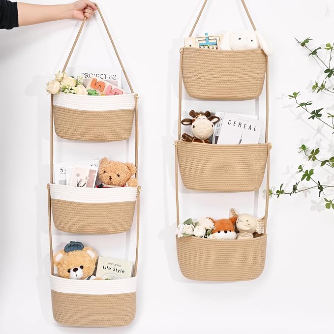 Hanging Basket, 3-Tier Woven Wall Basket with 4 Hooks, Cotton Rope Storage Baskets, Over the Door Organizer for Nursery, Bedroom, Cottage and Boho Wall Decor