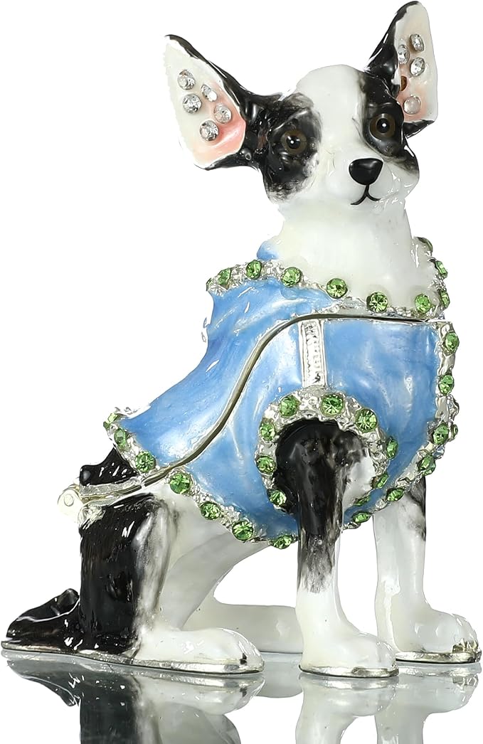 Hand Painted Enamel Chihuahua Trinket Box, Hinged Metal Vintage Jewelry Treasure Organizer