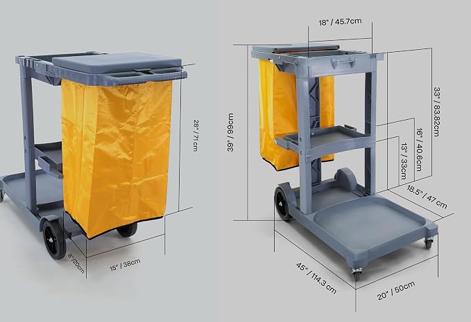 Commercial Janitorial Cart | 3 Shelves | 25 Gallon Vinyl Bag | Adjustable Shelf | 500 LBS Capacity