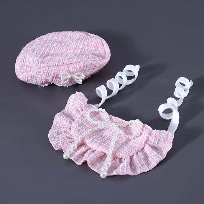 HOWWFALY 2PCS Cat Beret Hat with Pearl Bowtie, Adjustable Bandana Scarf Set Pet Princess Costume for Halloween Christmas, Cat Dog Birthday Party Apparel (Pink Pearl)