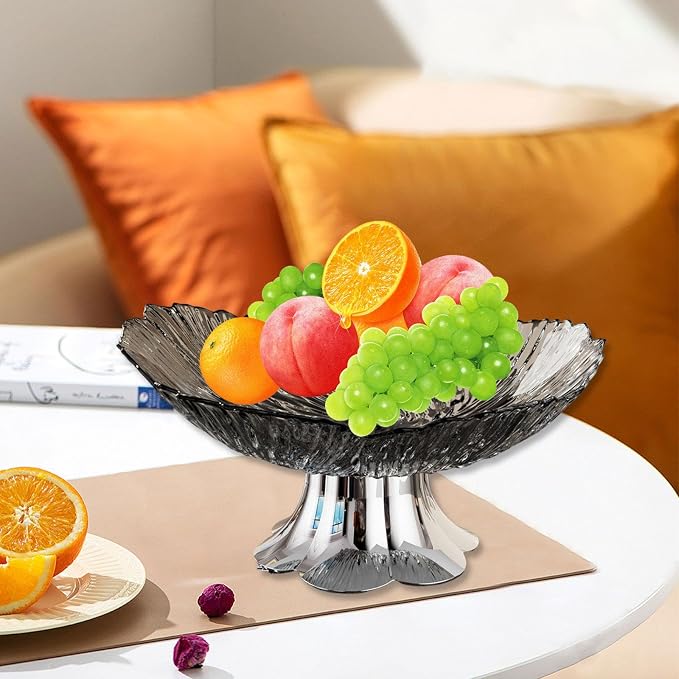 Pedestal Fruit Bowl, Snack Storage Holder, Fruit Tray, Dessert Display Stand, Decorative for Living Room Kitchen Home, E with Silver Base, Black