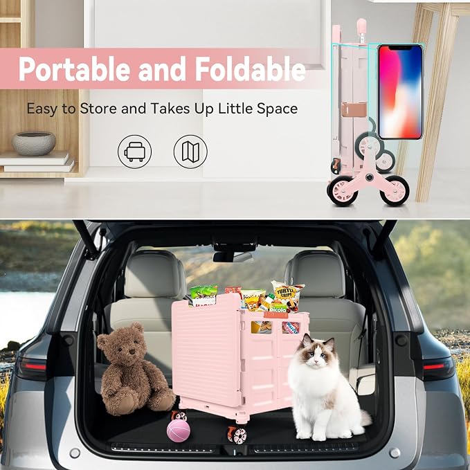 Foldable Utility Cart Portable Crate Rolling Dolly with Telescopic Handle,Can be Pulled diagonally, Magnetic Retractable Lid, 360°Swivel Climbing Wheels for Shopping Carrying Groceries Move Pink