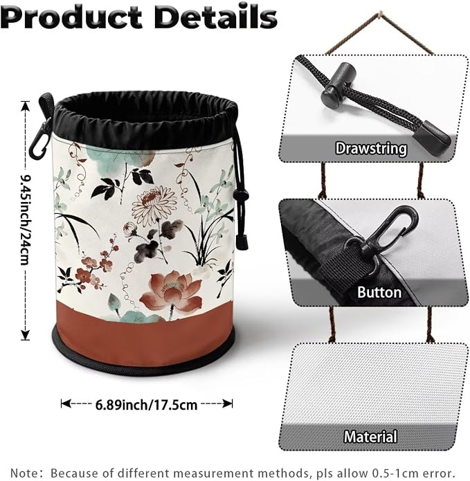 Lotus Chrysanthemum Laundry Peg Bag Organizer, Drawstring Clothespin Storage Pouch with Hanging Loop, Portable Clips Holder for Drying Rack, Camping Gear, Home & RV