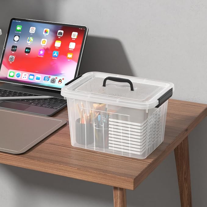 12L Clear Plastic Storage Bin with Handle, 4 Pack | Lidded Stackable Storage Boxes, BPA-Free, See-Through Organizer Totes for Closet, Pantry, Office