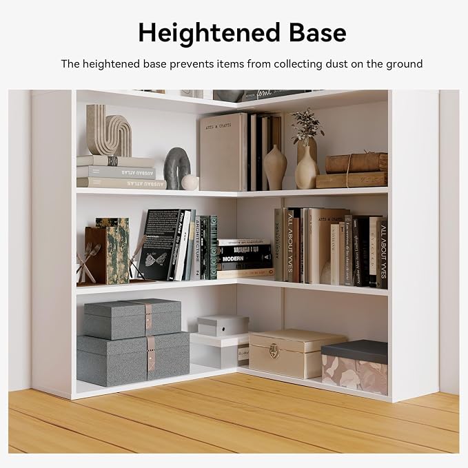 Corner Bookshelf, Freestanding L Shaped Display Shelf, 6 Tiers Bookcase with Baffles, Wooden Bookcase with Storage Organizer for Home Office, Living Room, Bedroom (23.6")