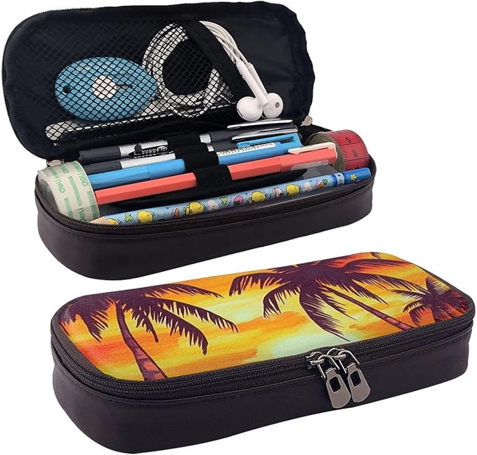 Leather Pencil Case Organizer Big Capacity Pencil Pouch Storage Bag With Compartments Cute Pencil Bag Sunset Palm Tree Pen Box Portable Cosmetic Makeup Bag Organizer