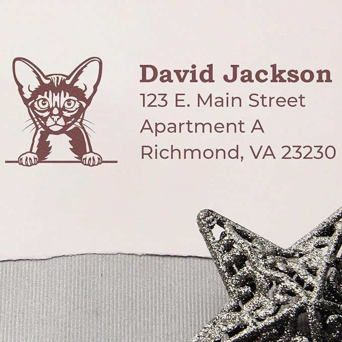 Peeking Abyssinian Cat Wood Handle Address Stamp - Custom Stamp for Mail | Any standard pad works. Abyssinian Cat Envelope Stamp. Custom Address Stamp for Pet Sitters. 4 lines. Nothing to dry out.