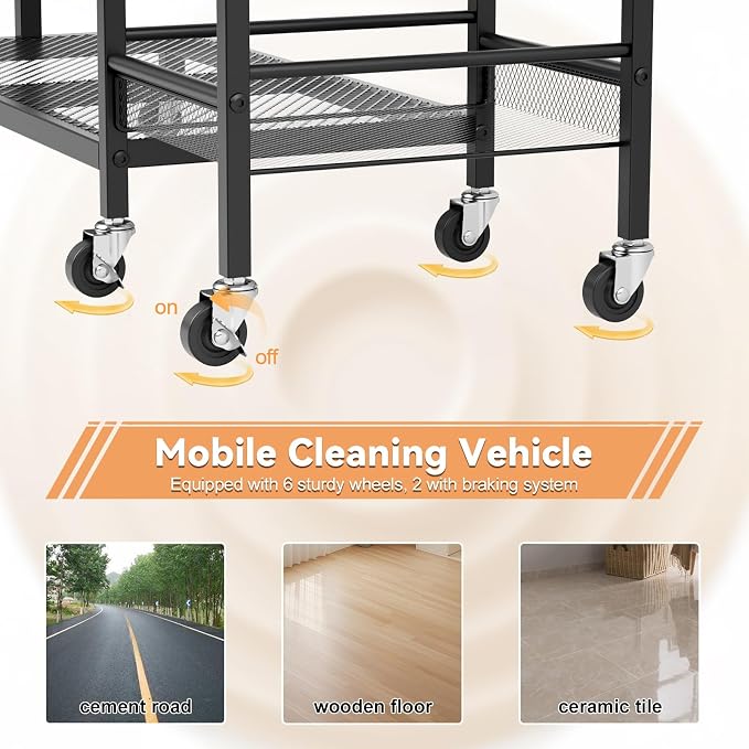 Cleaning Carts on Wheels, Rolling Broom Holder & Cleaning Supplies Organizer with 3-Tier Storage Shelf, Space Saving Janitorial Housekeeping Rack with Hanger for Home & Commercial Use Black
