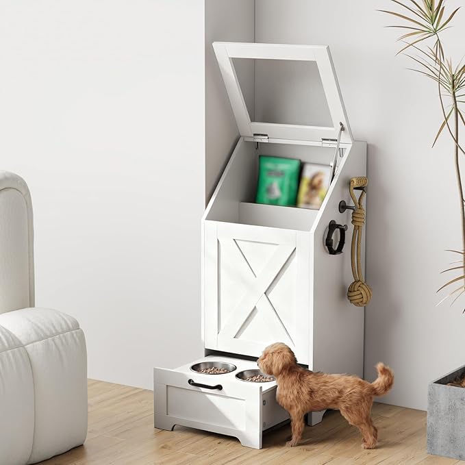Pet Feeding Station with Storage Cabinet & 2 Elevated Bowls,Hooks,White | Flip-top Sealed Food Bin.Pull-out Bowl Drawer with Wheels.3 Side Hooks+Internal Shelf for Cans.Anti-tip Device.For Dogs/Cats.