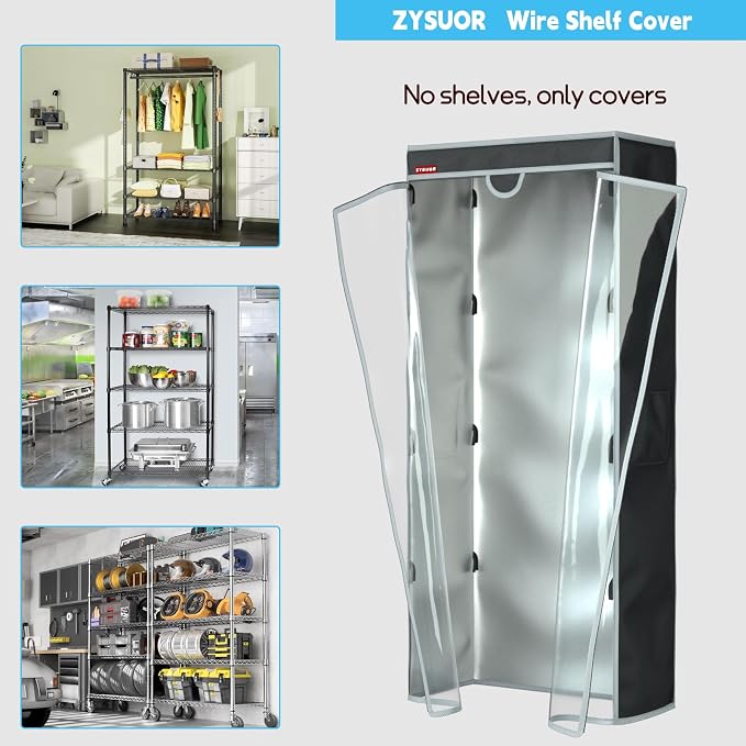Storage Shelf Dust Cover, Fits 36"x16"x72" Shelving Unit | Waterproof Shelving Cover, Clear PVC Front & T-Zipper, for Rack in Garment, Garage, Pantry (No Shelves)