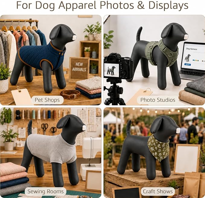 Dog Mannequin PU Pet Clothing Display Stand Cute Dog Hangers for Clothes Store Leather Pet Sewing Mannequin Durable Puppy Standing Model (Black, Large)