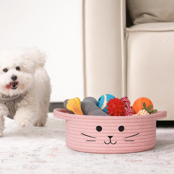 Small Woven Rope Cat Toy Basket with Cat Face Design, Pink | 9.8" x 4" Cute Toy Storage Bin for Girls' Living Room & Nursery, Baby Gift Baskets Empty with Sturdy Handles
