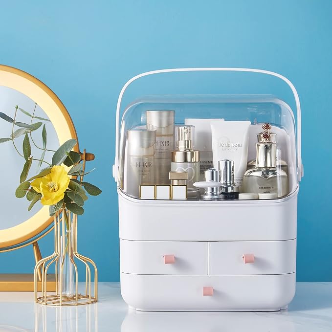 SUNFICON Makeup Organizer Cosmetic Organizer Makeup Storage Holder Box Crystal Clear Lid w Handheld 3 Drawers Dustproof Waterproof for Vanity Bathroom Countertop Birthday