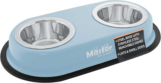 Master Pet Supply Double Dog Bowls Set with Elevated Base and 2 (8 oz) Stainless Steel Removable Dishes (Glacier Blue) – Double Cat Food Water Bowl, Dog Puppy Food Bowl Set, Rust Resistant