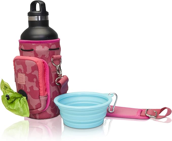 Made Easy Kit Water Bottle Carrier with Pocket for Dog Poop Waste Bags and Adjustable Padded Shoulder Strap (Large (32oz) with Bowl, Pink, Dog Silhouettes)