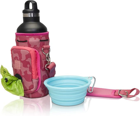 Made Easy Kit Water Bottle Carrier with Pocket for Dog Poop Waste Bags and Adjustable Padded Shoulder Strap (Large (32oz) with Bowl, Pink, Dog Silhouettes)