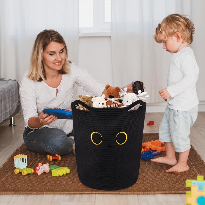Tall Black Cat Laundry Basket for Nursery, Cute Large Woven Cotton Rope | Blanket Storage Basket , Baby 0rganize Blanket Shower Hamper Box with Handles, 53L Clothes Bins, 15"D×18.1"H